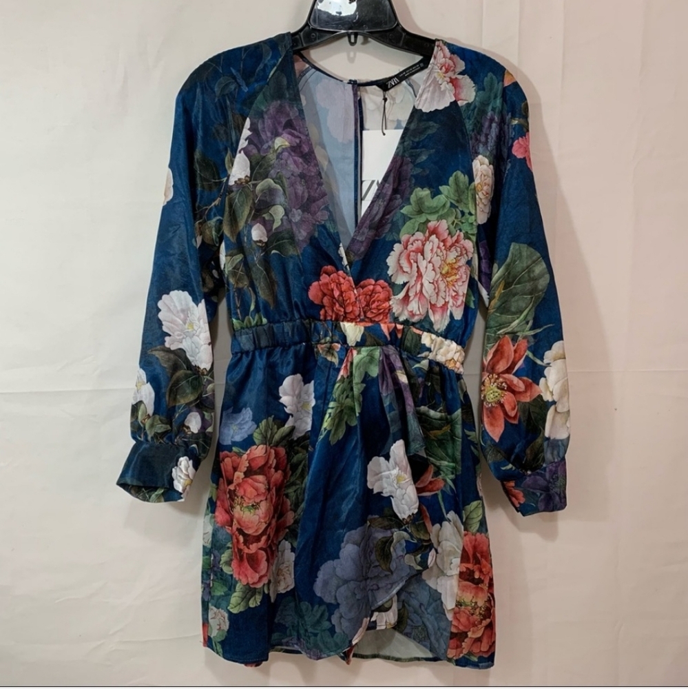ZARA Blue Multicolor Floral Print Dressy Romper Size M NWT